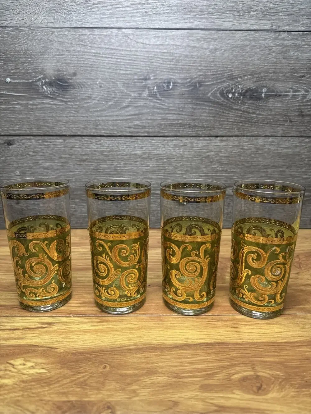 MCM Vintage Culver Toledo Green/22k Gold Highball Tumbler Glasses~4 Pc Set